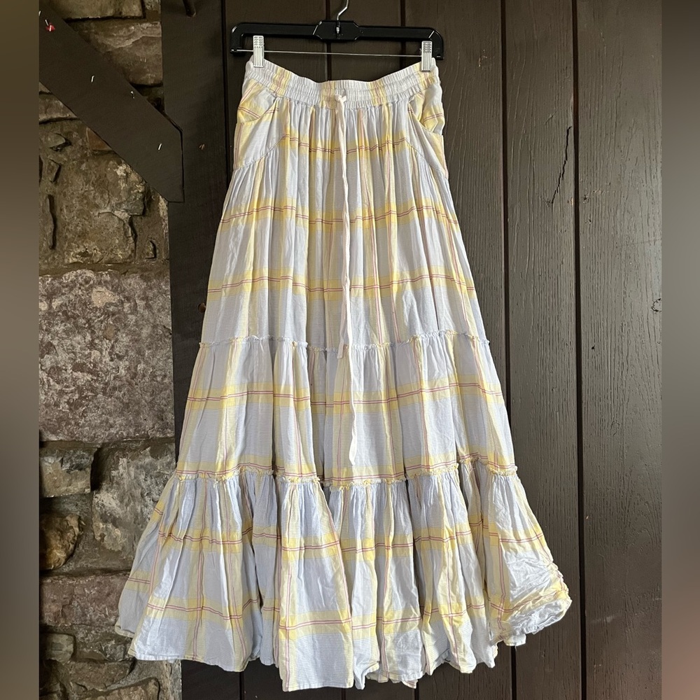 Free People Yellow Plaid Tiered Maxi Skirt Sz S